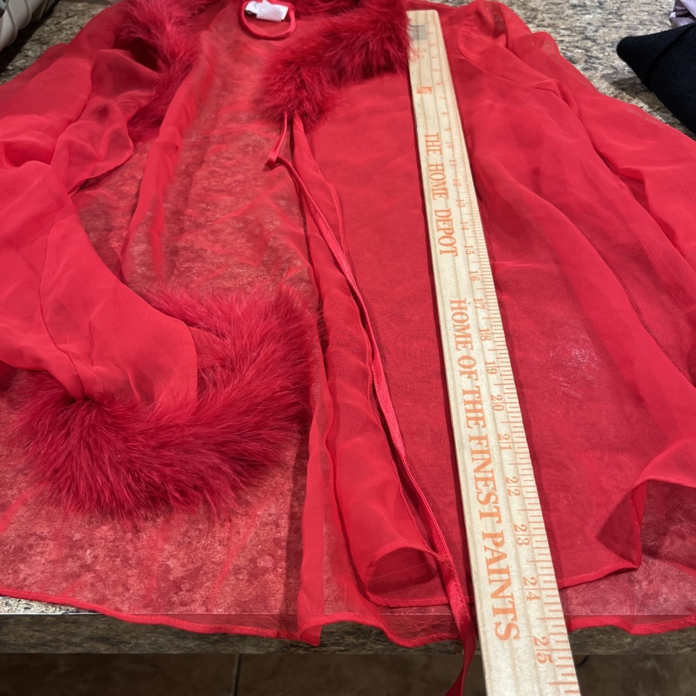 Vtg Cinema Etoile Red Sheer Mesh Boudoir Bed Jacket Faux Fur Trim Coquette Sz M - Picture 10 of 10
